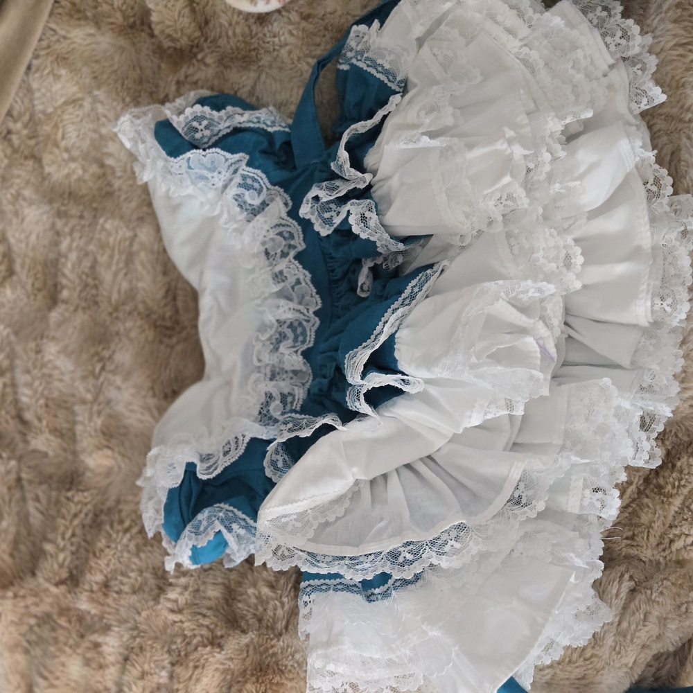 Blue and White Lace Ruffled Dress